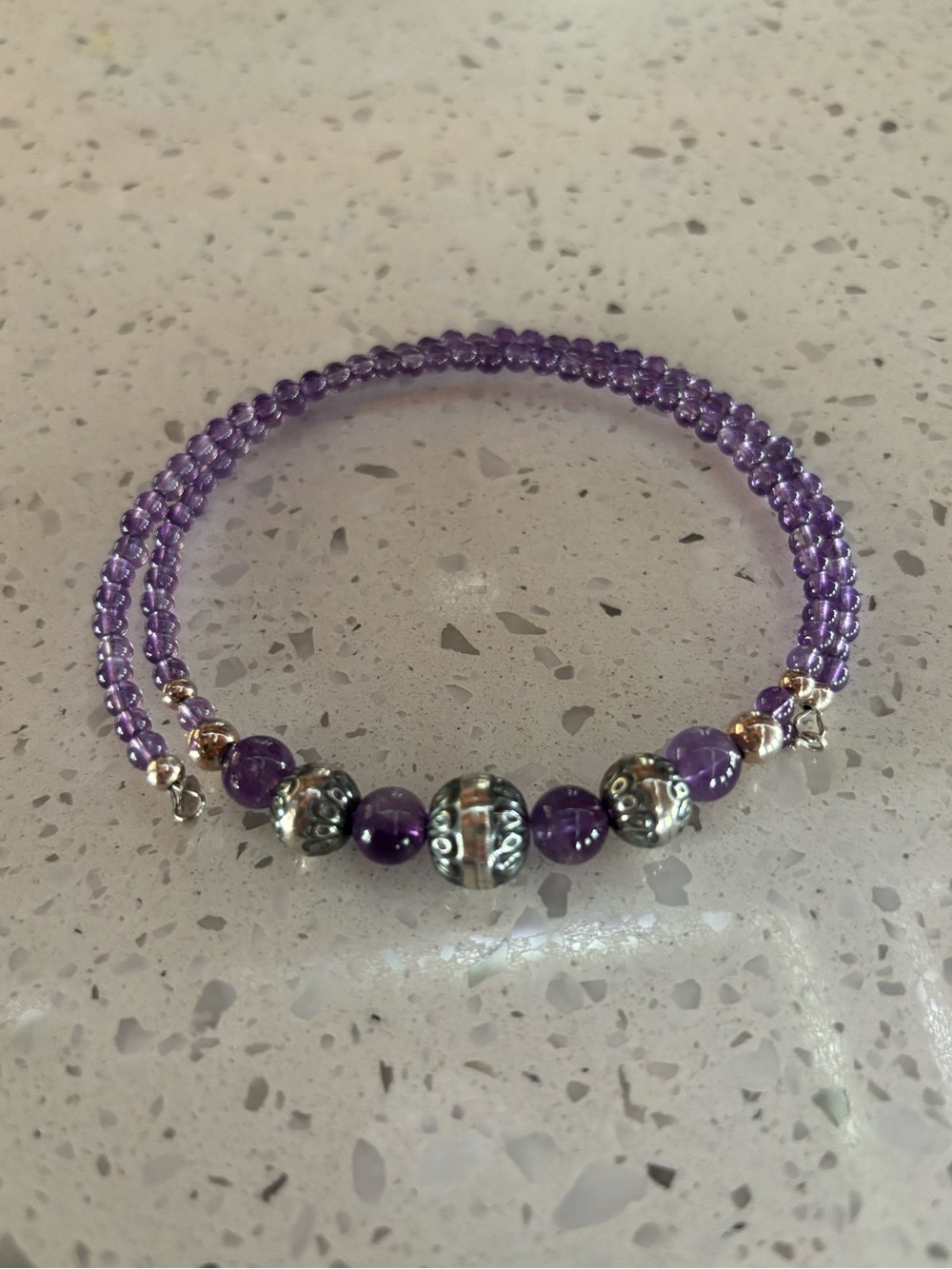 Sterling Silver 925 Amethyst Beaded Necklace Purple Gemstone R Crescent Moon